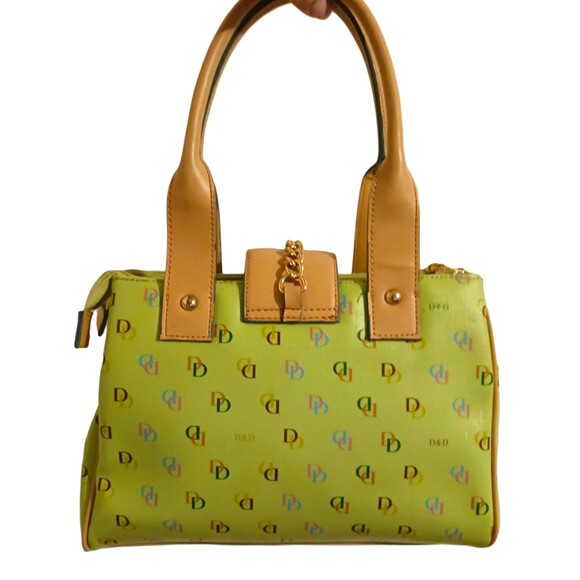 Dian & Dion Womens Green & Tan Multi Colored Signature Print Satchel Handbag Bag - Picture 2 of 7